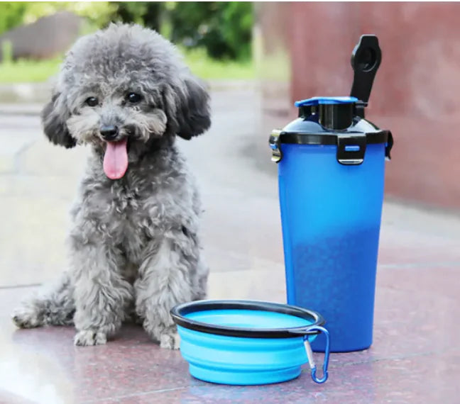 2-in-1 Portable Pet Water Bottle | Food Dispenser with Collapsible Silicone Bowl