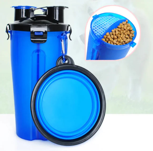 2-in-1 Portable Pet Water Bottle | Food Dispenser with Collapsible Silicone Bowl