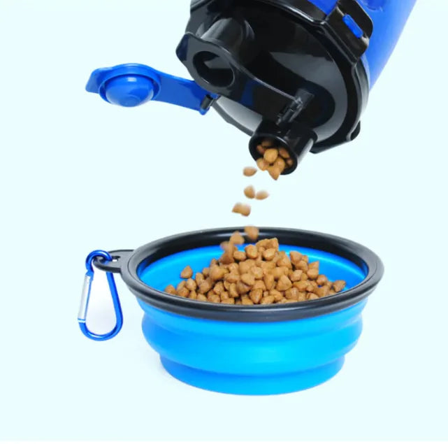 2-in-1 Portable Pet Water Bottle | Food Dispenser with Collapsible Silicone Bowl