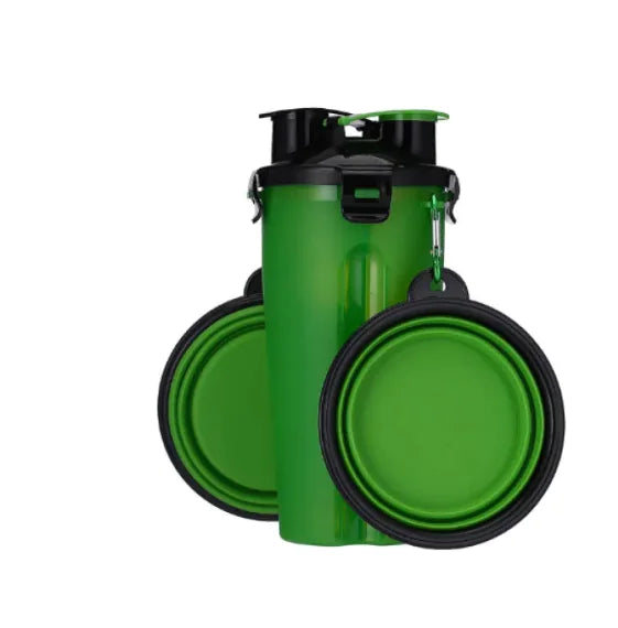 2-in-1 Portable Pet Water Bottle | Food Dispenser with Collapsible Silicone Bowl